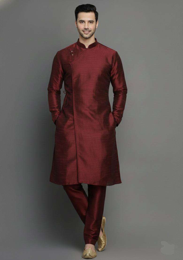 Maroon Embroidery Silk Blend Kurta Set For Men - Indya
