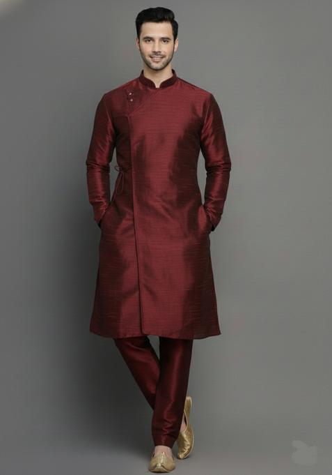 Maroon Embroidery Silk Kurta Set For Men
