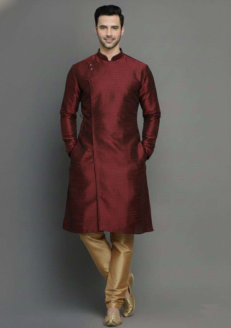 Maroon Embroidery Silk Blend Kurta Set For Men - Indya