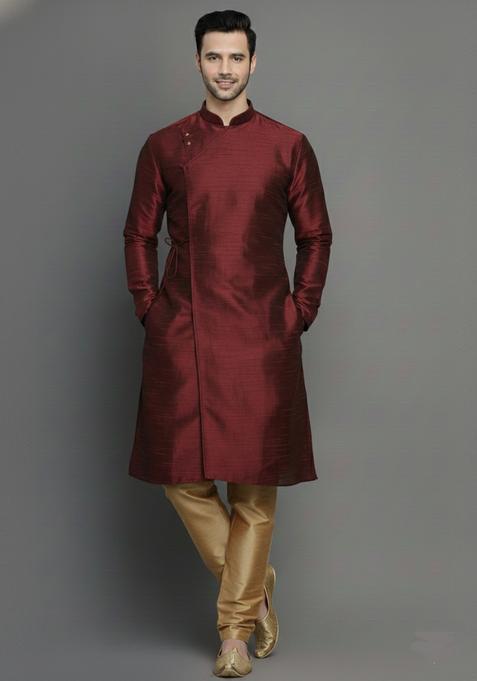Maroon Embroidery Silk Kurta Set For Men