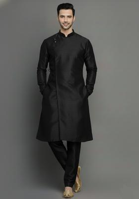 Black Embroidery Silk Kurta Set For Men