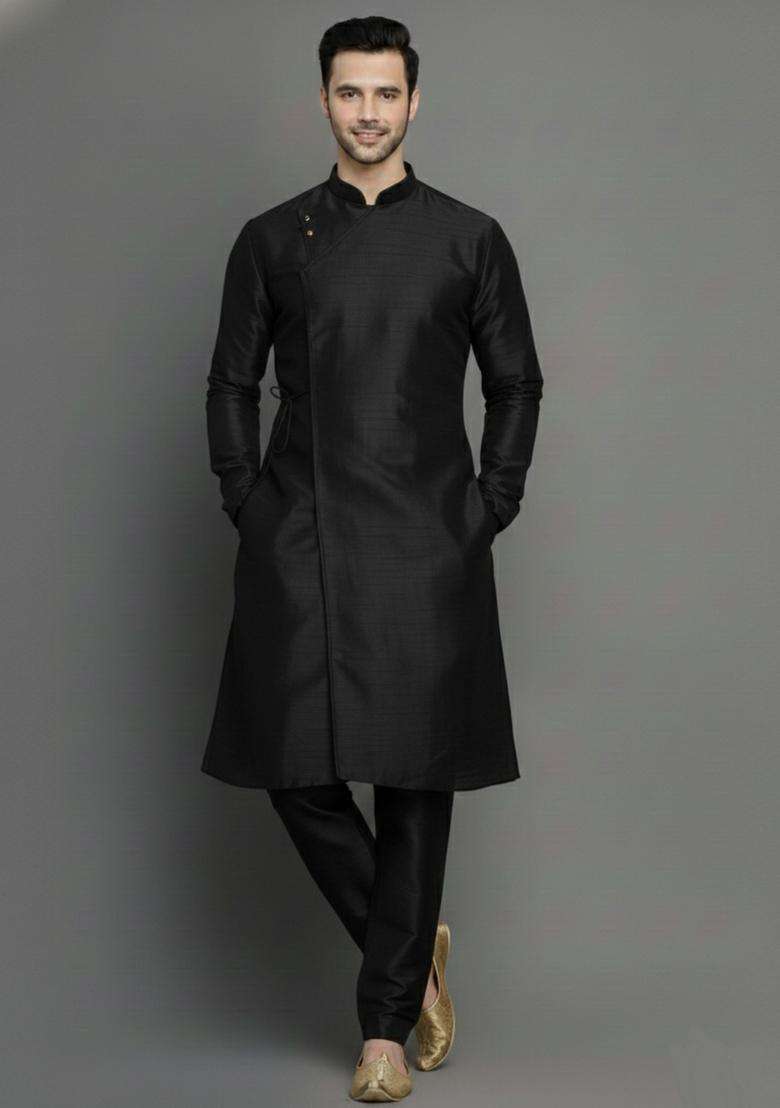 Black Embroidery Silk Blend Kurta Set For Men - Indya