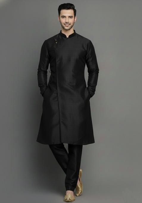 Black Embroidery Silk Kurta Set For Men
