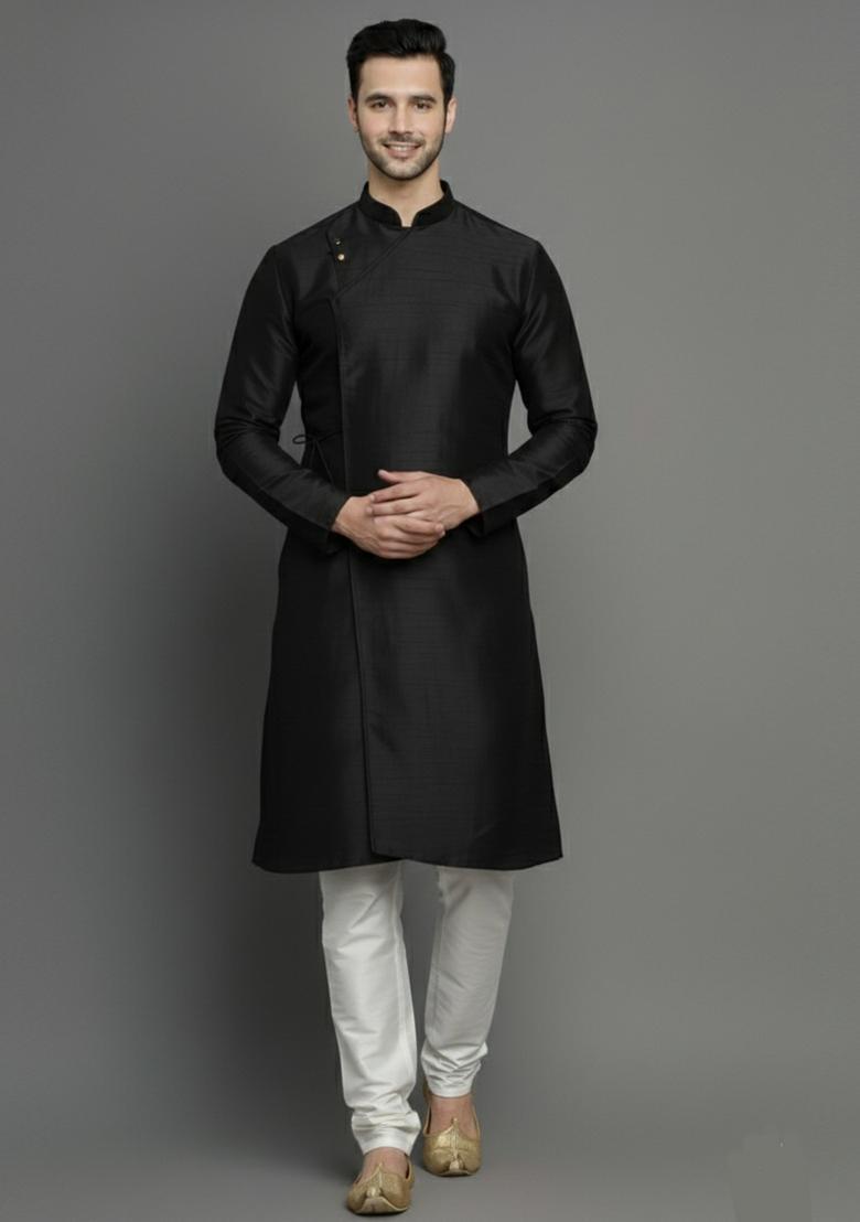Black Embroidery Silk Kurta Set For Men - Indya