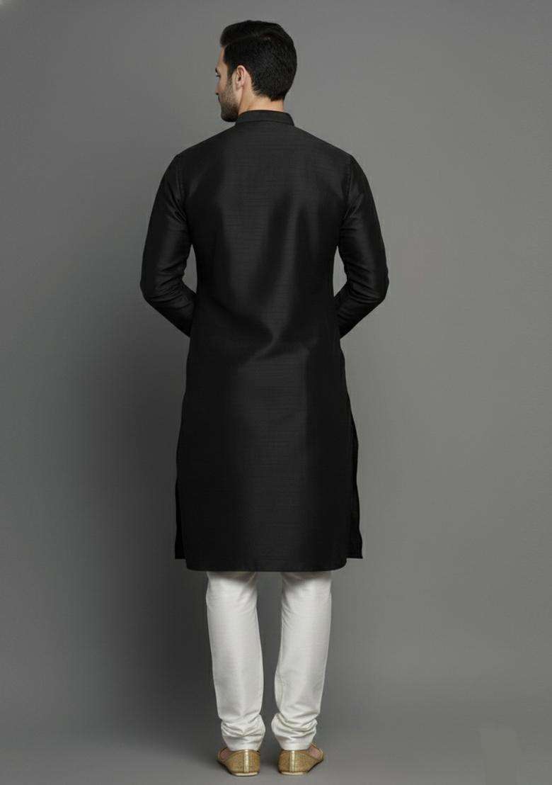Black Embroidery Silk Blend Kurta Set For Men - Indya
