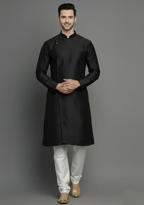 Black Embroidery Silk Kurta Set For Men