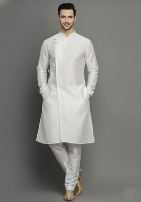 White Embroidery Silk Kurta Set For Men