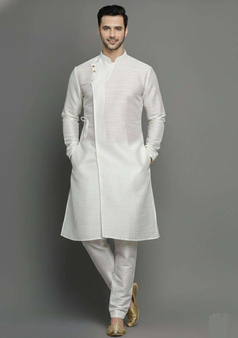 White Embroidery Silk Blend Kurta Set For Men - Indya