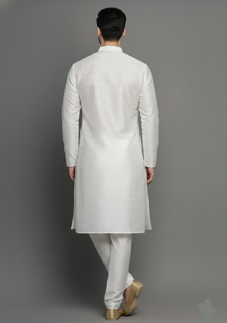 White Embroidery Silk Kurta Set For Men - Indya
