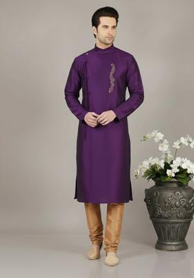 Purple Embroidery Silk Kurta Set For Men
