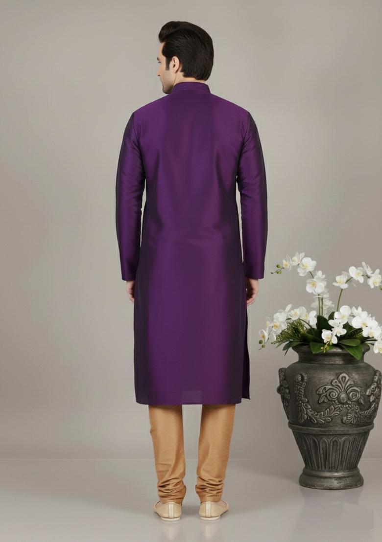 Purple Embroidery Silk Kurta Set For Men - Indya