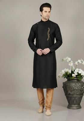 Black Embroidery Silk Kurta Set For Men