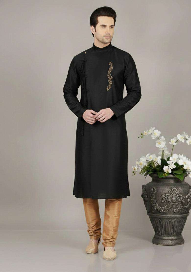 Black Embroidery Silk Blend Kurta Set For Men - Indya