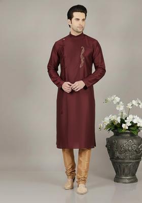 Maroon Embroidery Silk Kurta Set For Men