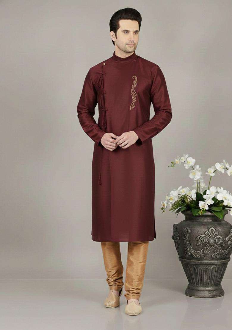 Maroon Embroidery Silk Blend Kurta Set For Men - Indya