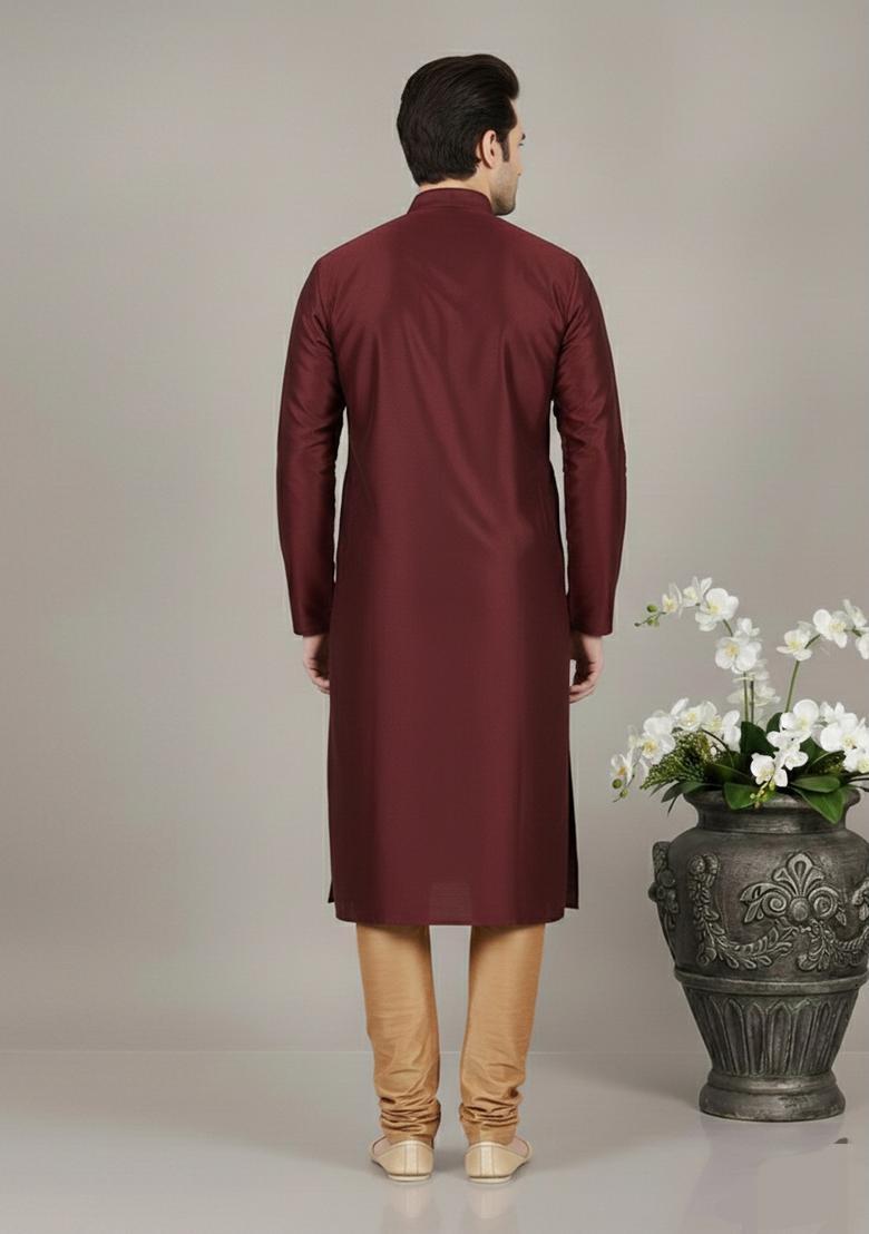 Maroon Embroidery Silk Kurta Set For Men - Indya