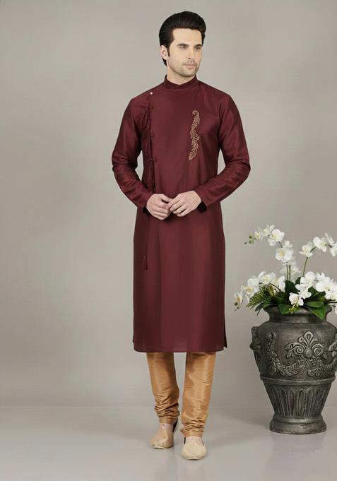 Maroon Embroidery Silk Kurta Set For Men