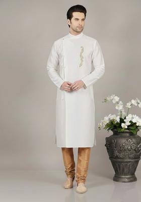 White Embroidery Silk Kurta Set For Men