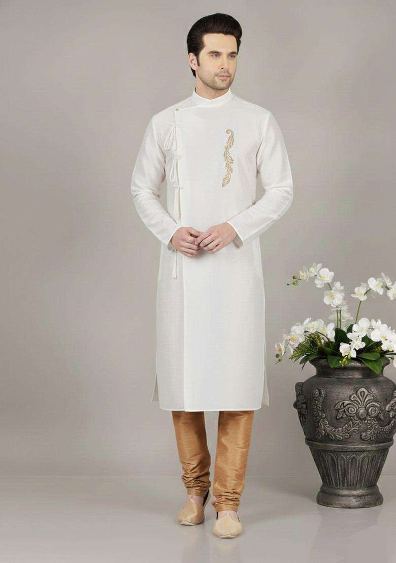 White Embroidery Silk Blend Kurta Set For Men - Indya
