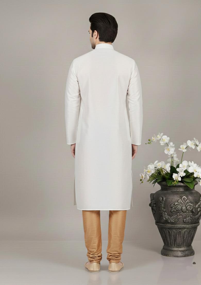 White Embroidery Silk Kurta Set For Men - Indya