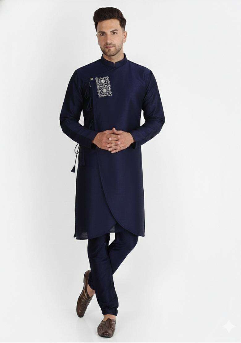 Navy Blue Embroidery Silk Blend Kurta Set For Men - Indya