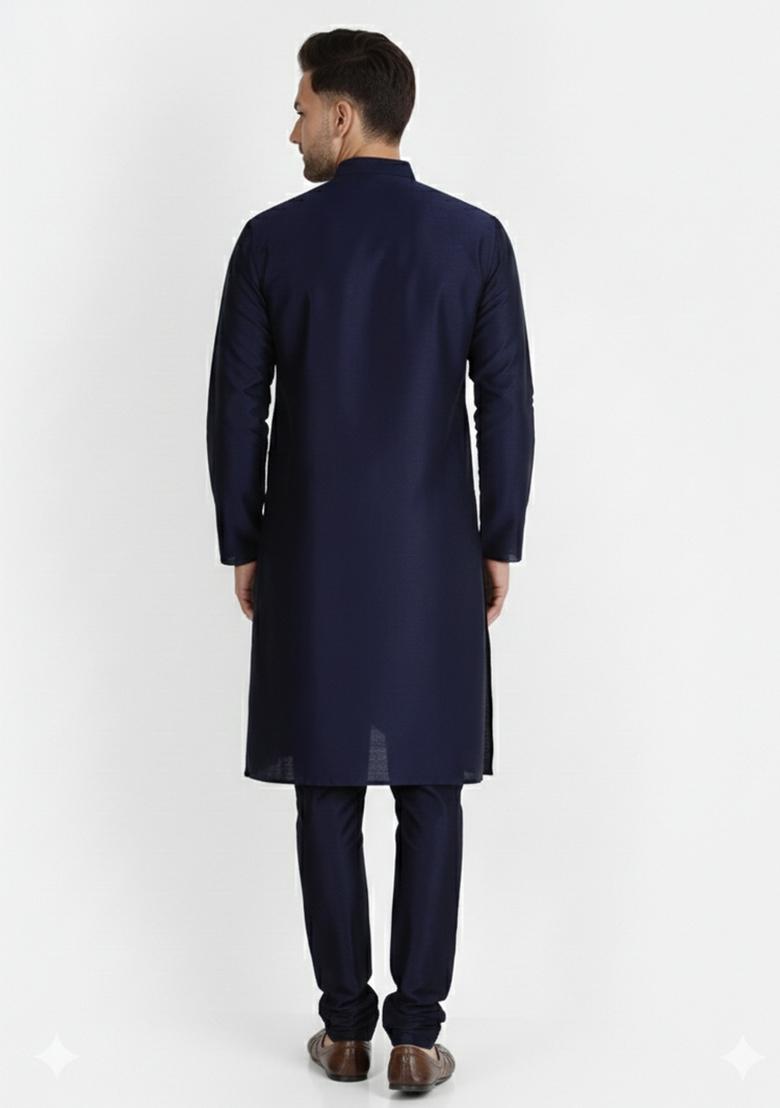 Navy Blue Embroidery Silk Kurta Set For Men - Indya