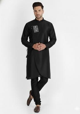 Black Embroidery Silk Kurta Set For Men