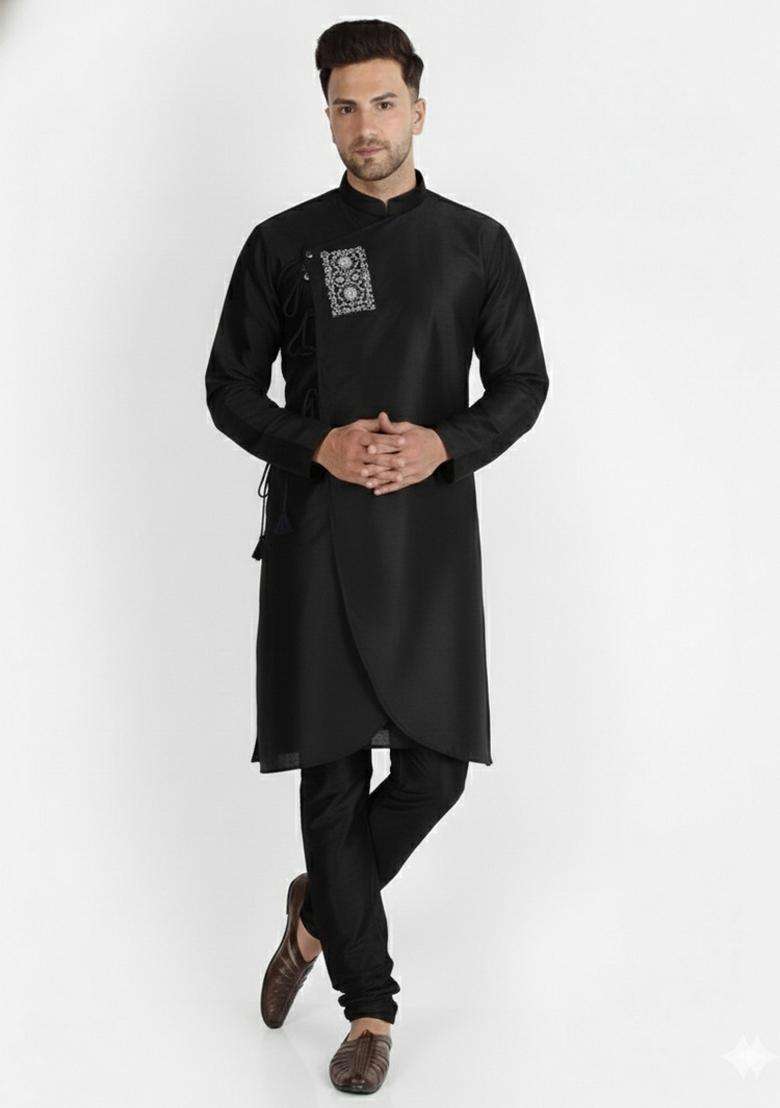 Black Embroidery Silk Blend Kurta Set For Men - Indya