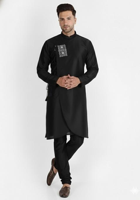 Black Embroidery Silk Kurta Set For Men