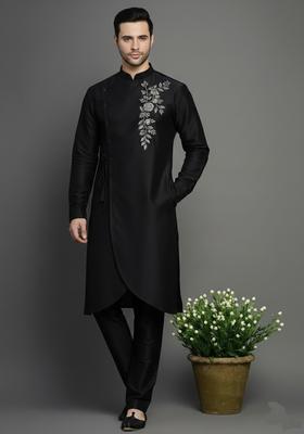 Black Embroidery Silk Kurta Set For Men
