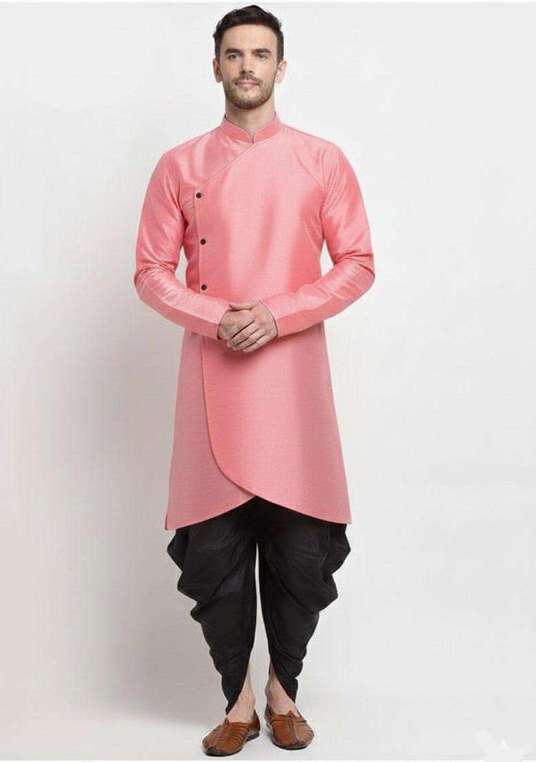 Peach Plain Silk Blend Kurta Set For Men - Indya