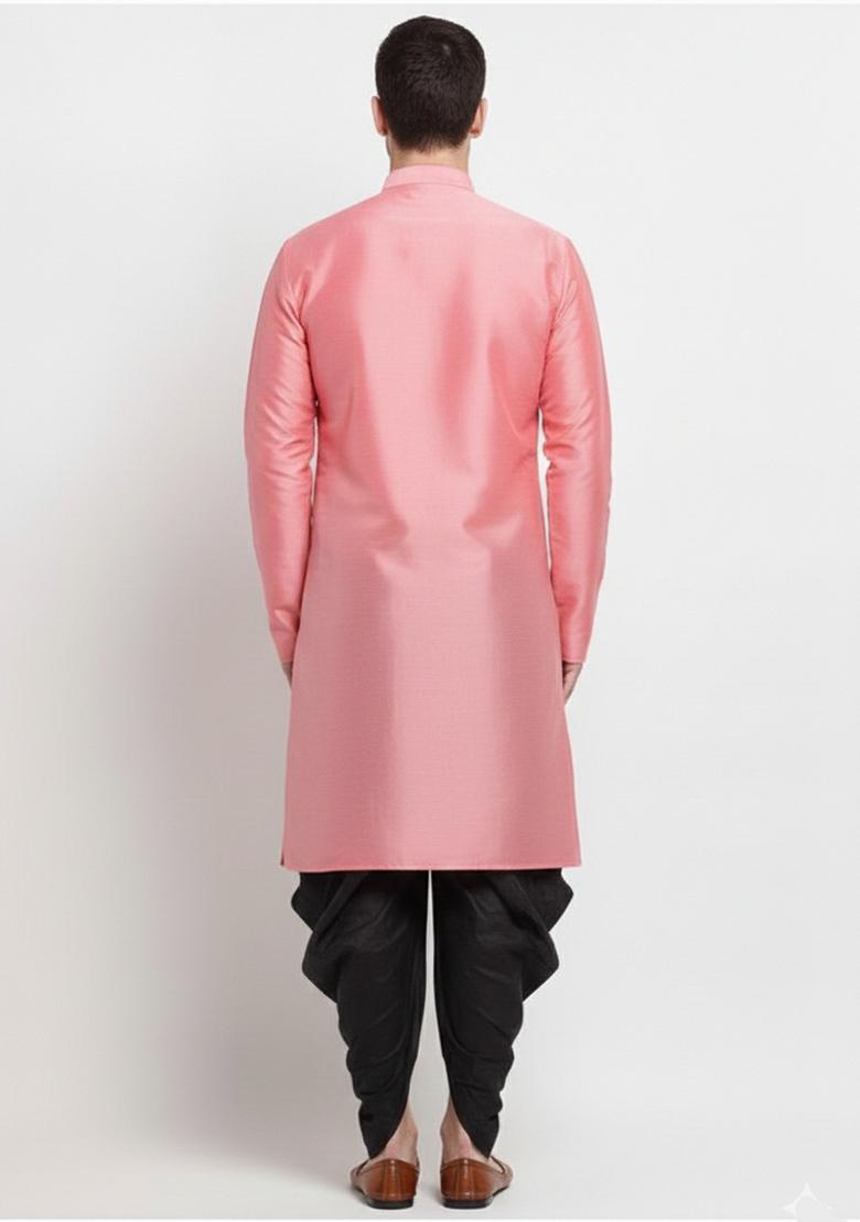 Peach Plain Silk Kurta Set For Men - Indya