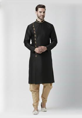 Black Embroidery Silk Kurta Set For Men