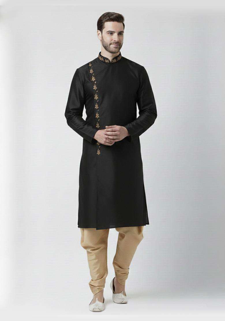Black Embroidery Silk Blend Kurta Set For Men - Indya