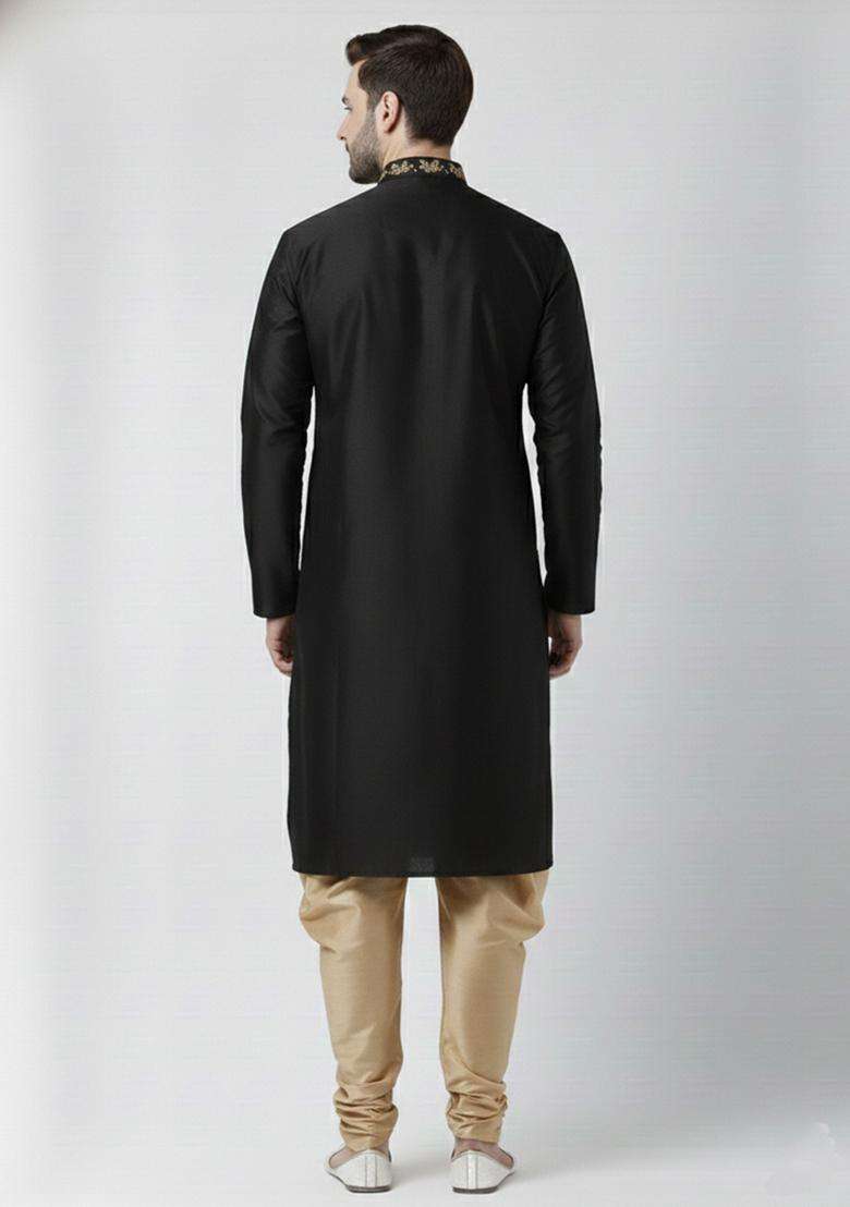 Black Embroidery Silk Blend Kurta Set For Men - Indya