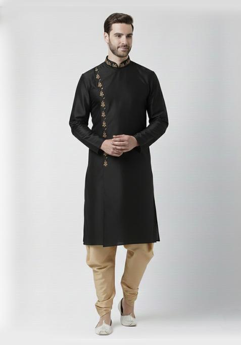 Black Embroidery Silk Kurta Set For Men