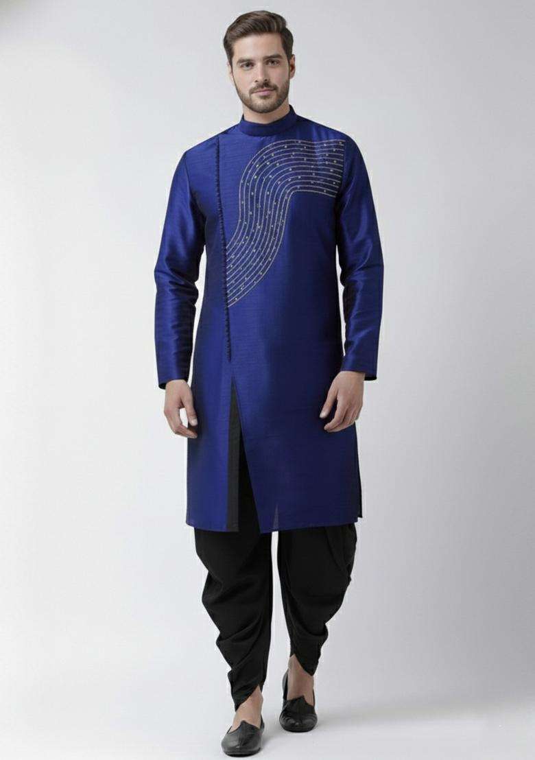 Royal Blue Embroidery Silk Blend Kurta Set For Men - Indya