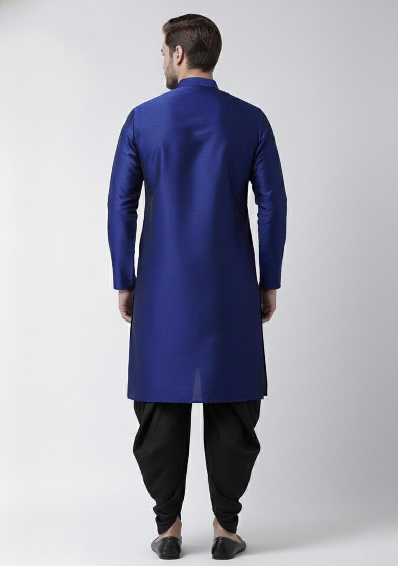Royal Blue Embroidery Silk Kurta Set For Men - Indya