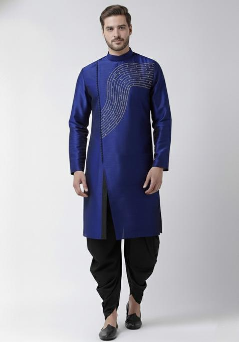 Royal Blue Embroidery Silk Kurta Set For Men