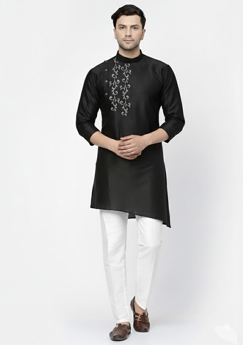 Black Embroidery Silk Kurta Set For Men - Indya