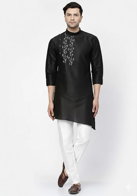 Black Embroidery Silk Blend Kurta Set For Men