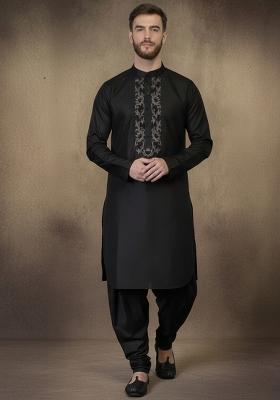 Black Embroidery Cotton Kurta Set For Men
