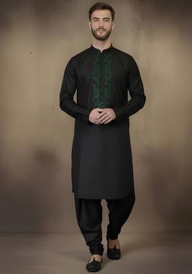 Black Embroidery Cotton Kurta Set For Men
