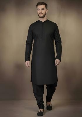 Black Embroidery Cotton Kurta Set For Men