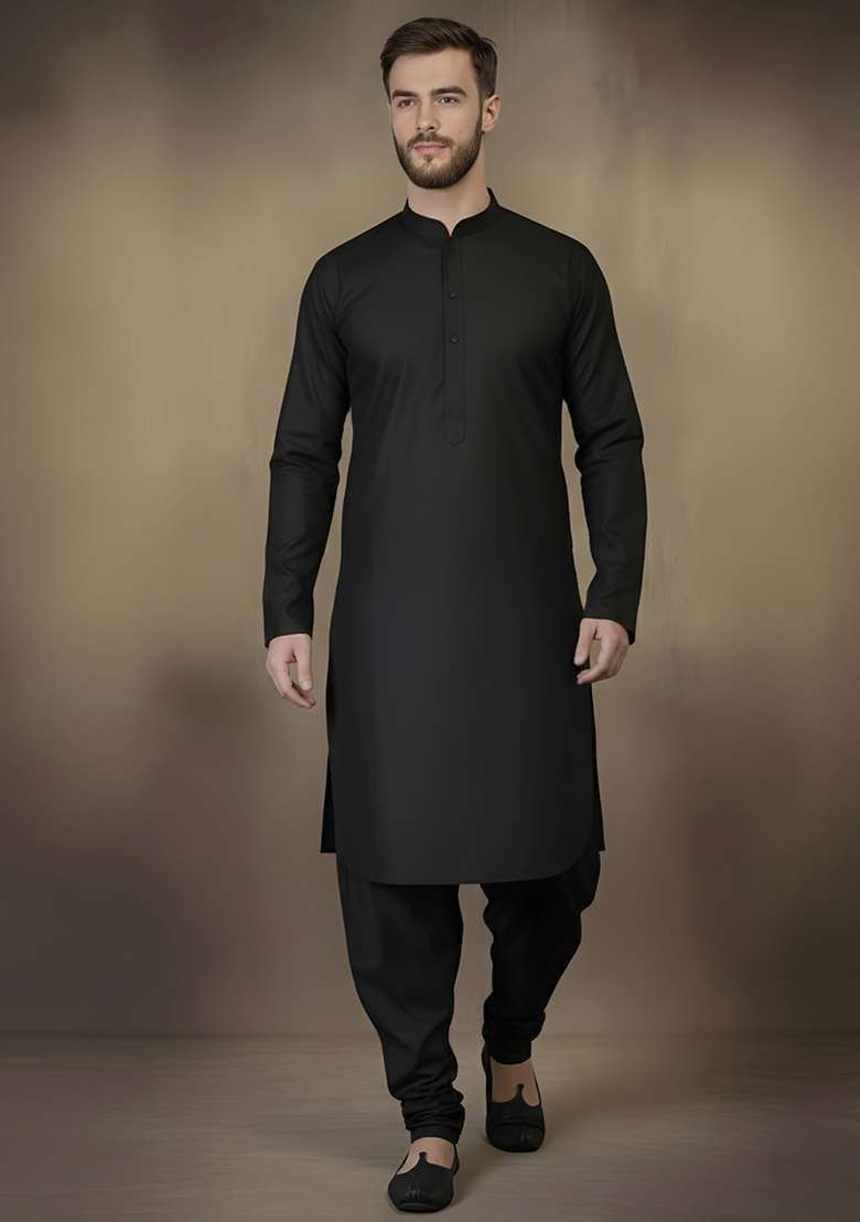 Black Embroidery Cotton Kurta Set For Men - Indya