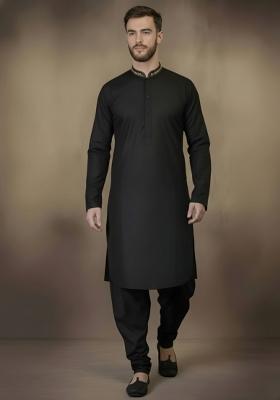 Black Embroidery Cotton Kurta Set For Men