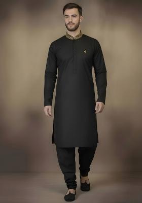 Black Embroidery Cotton Kurta Set For Men