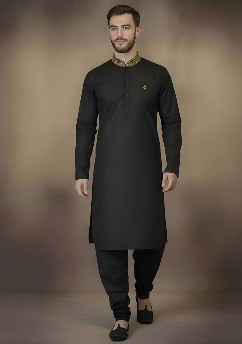 Black Embroidery Cotton Kurta Set For Men - Indya
