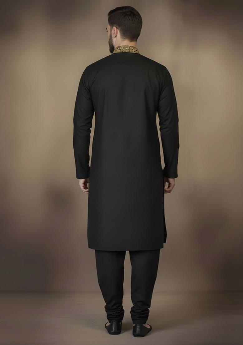 Black Embroidery Cotton Kurta Set For Men - Indya