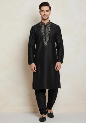 Black Embroidery Cotton Kurta Set For Men